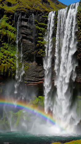 majestic waterfall with rainbow and lush green cliffs
