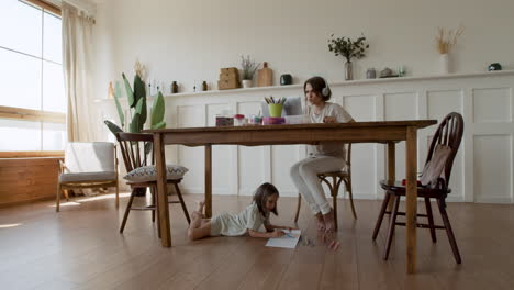 wide shot of a mother making a videocall while her daughter is distracted under the table drawing 1