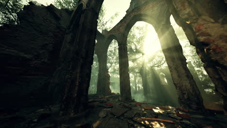 sunlight through arches in ruined monastery