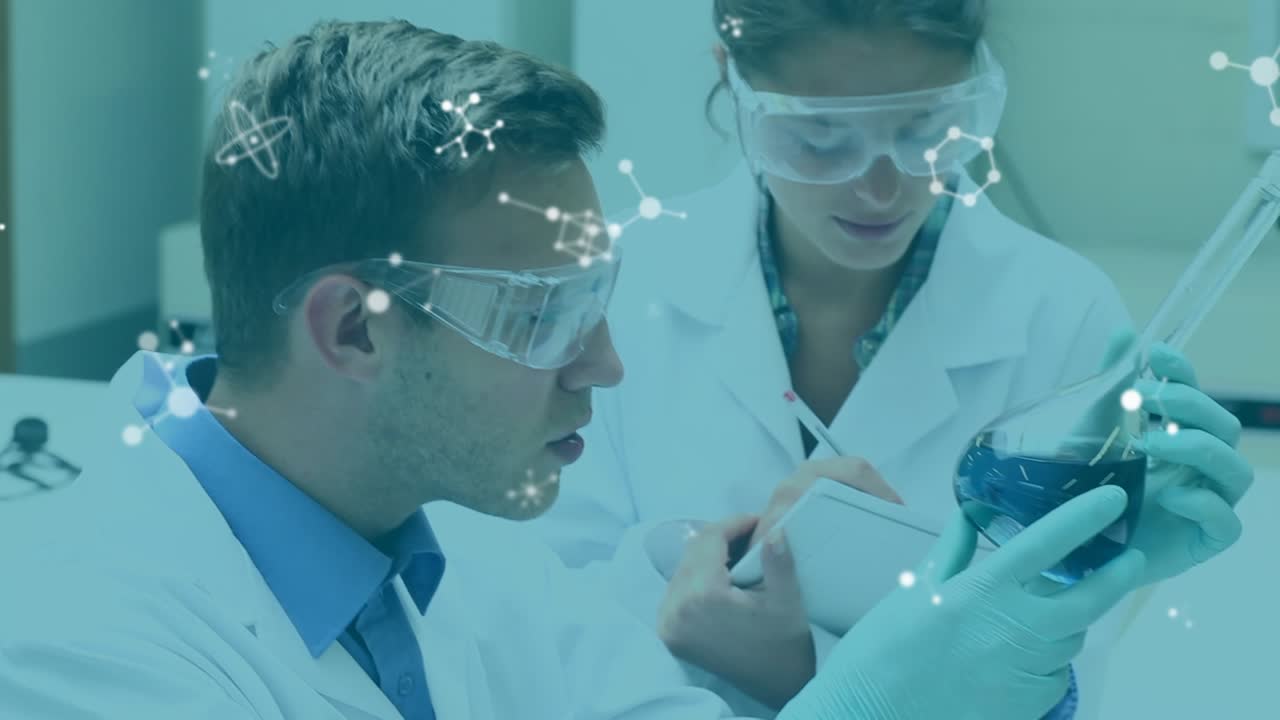 Animação de moléculas sobre trabalhadores de laboratório caucasianos, masculinos e femininos, com amostras