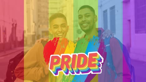 animación del texto del orgullo sobre la bandera del arco iris sobre una feliz pareja gay masculina