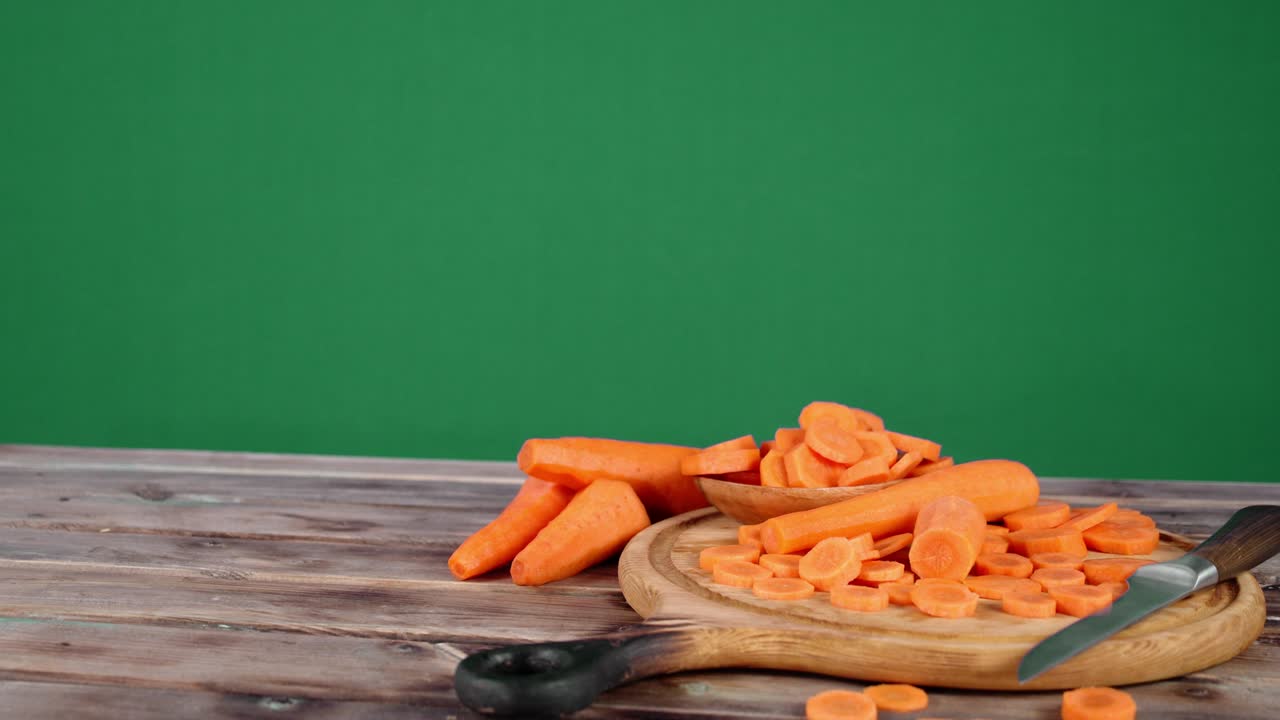 Slices of fresh carrots on a cutting Board. On the green screen