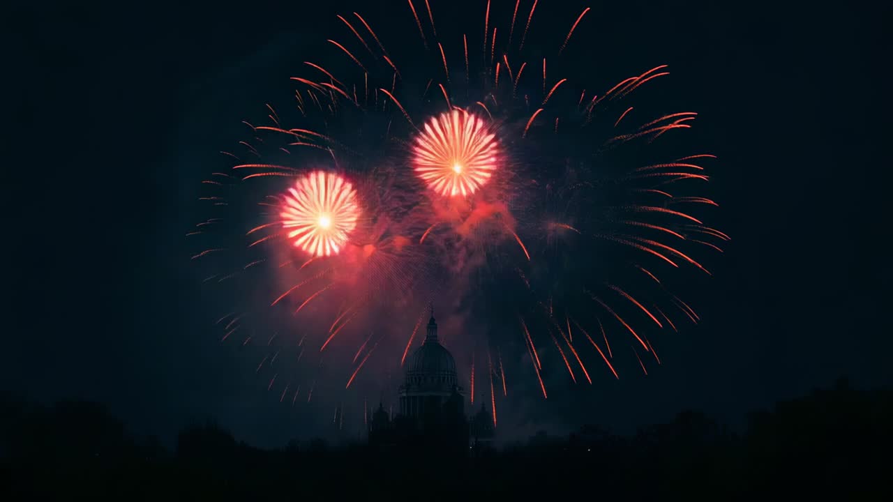 Igniting successive bright red fireworks bursting above capitol dome at night, with smoke haze