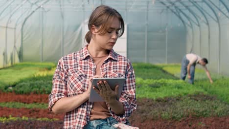 botánica caucásica de pie en el invernadero y usando una tableta digital