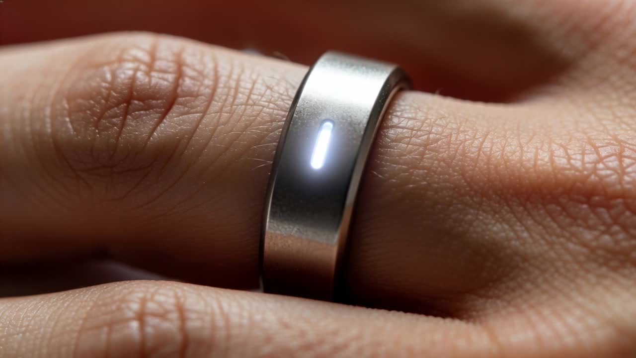 Anello smart che illumina una barra LED, focalizzandosi su una banda spazzolata sul dito, indicando lo stato del dispositivo.