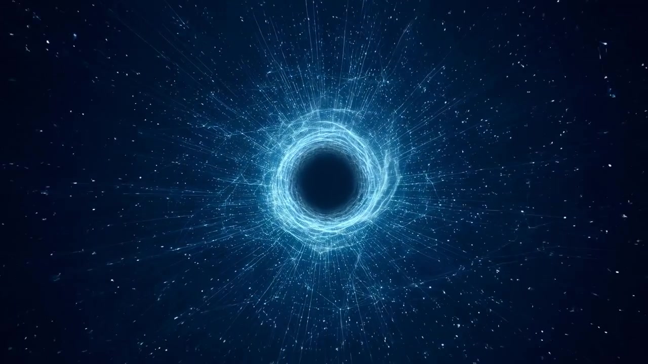 Una formazione luminosa blu brillante a forma di anello pulsa al centro di uno sfondo scuro mentre particelle fini si diffondono verso l'esterno, mostrando un movimento simmetrico e un'atmosfera digitale astratta.
