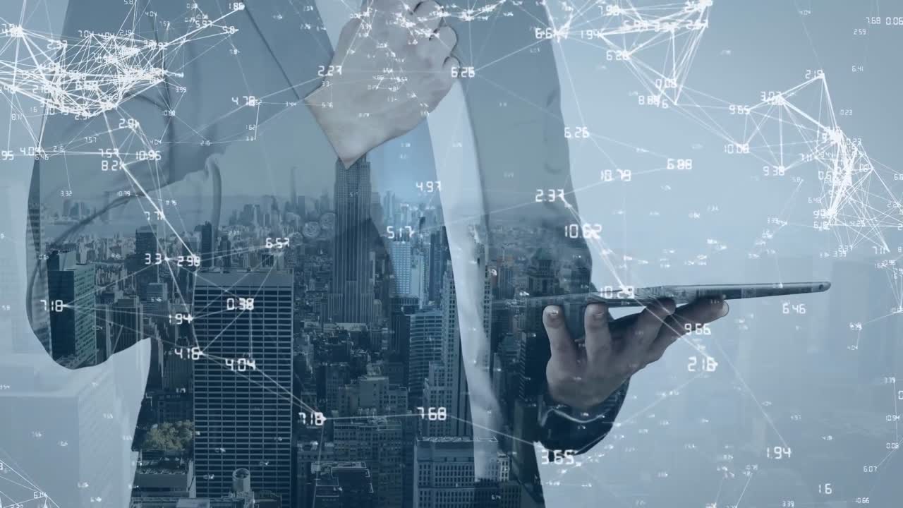 Animation of network of connections over caucasian businessman using tablet