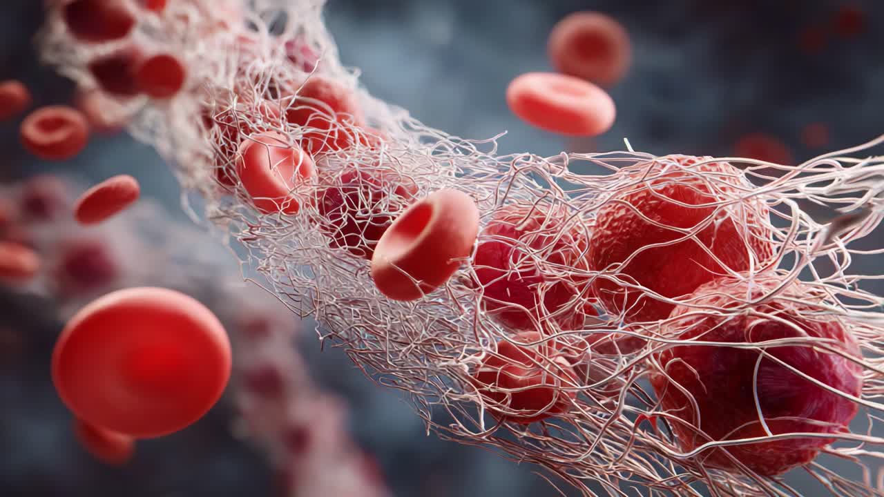 A Detailed View of Blood Cells and Fibrous Structures Within the Circulatory System, Showcasing the Interaction and Movement of Red Blood Cells Through Microscopic Vessels