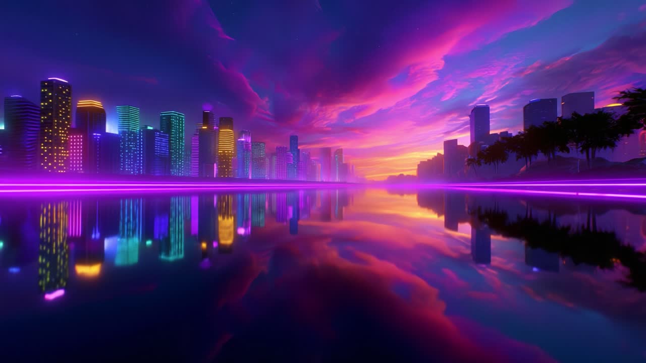 Stunning Cityscape at Dusk: A Vivid Blend of Neon Lights and Reflective Waters, Showcasing a Futuristic Skyline Against a Dramatic Colorful Sky, Perfect for Evoking a Sense of Urban Serenity and Wonder
