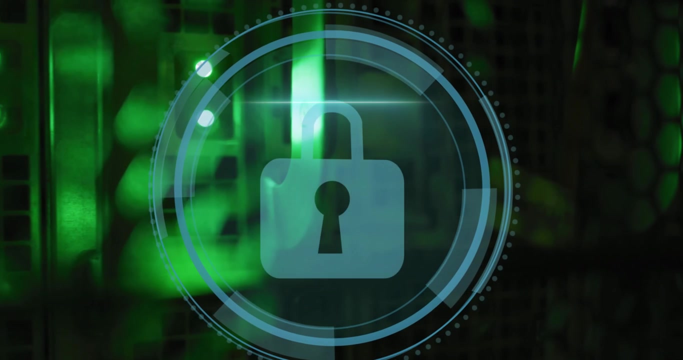 Animation of cyber security text and security padlock icon on round scanner against server room