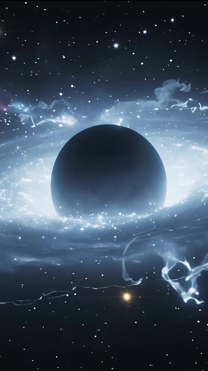 Vertical video: Pulsing ring around dark sphere drawing tendrils inward to feed sphere in space