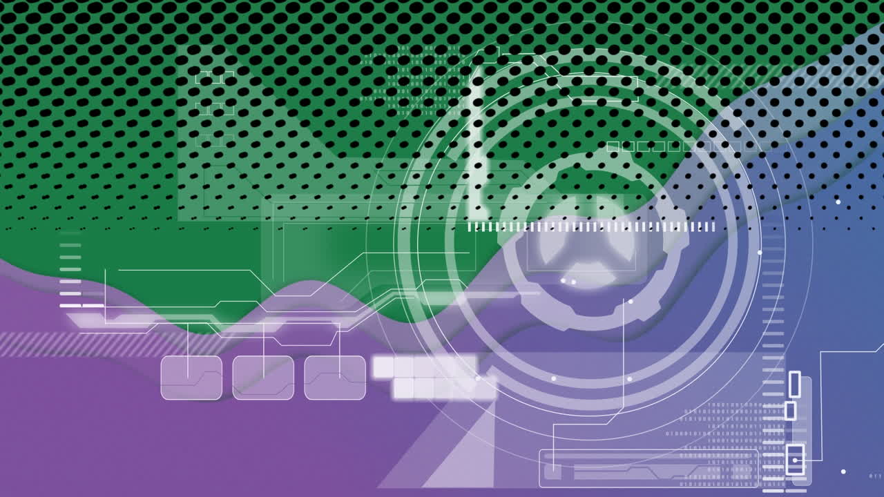 animación del círculo de procesamiento y los datos en la pantalla digital violeta y verde