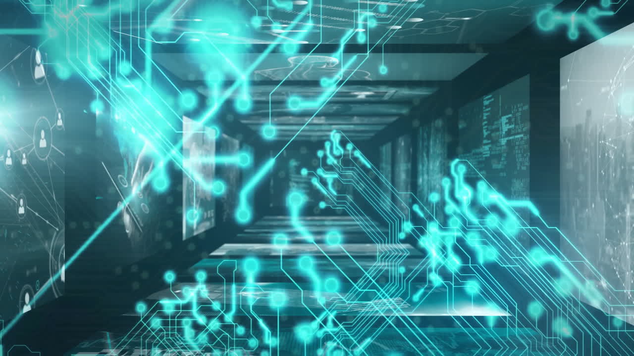 Glowing circuit patterns and abstract technology elements in futuristic digital corridor