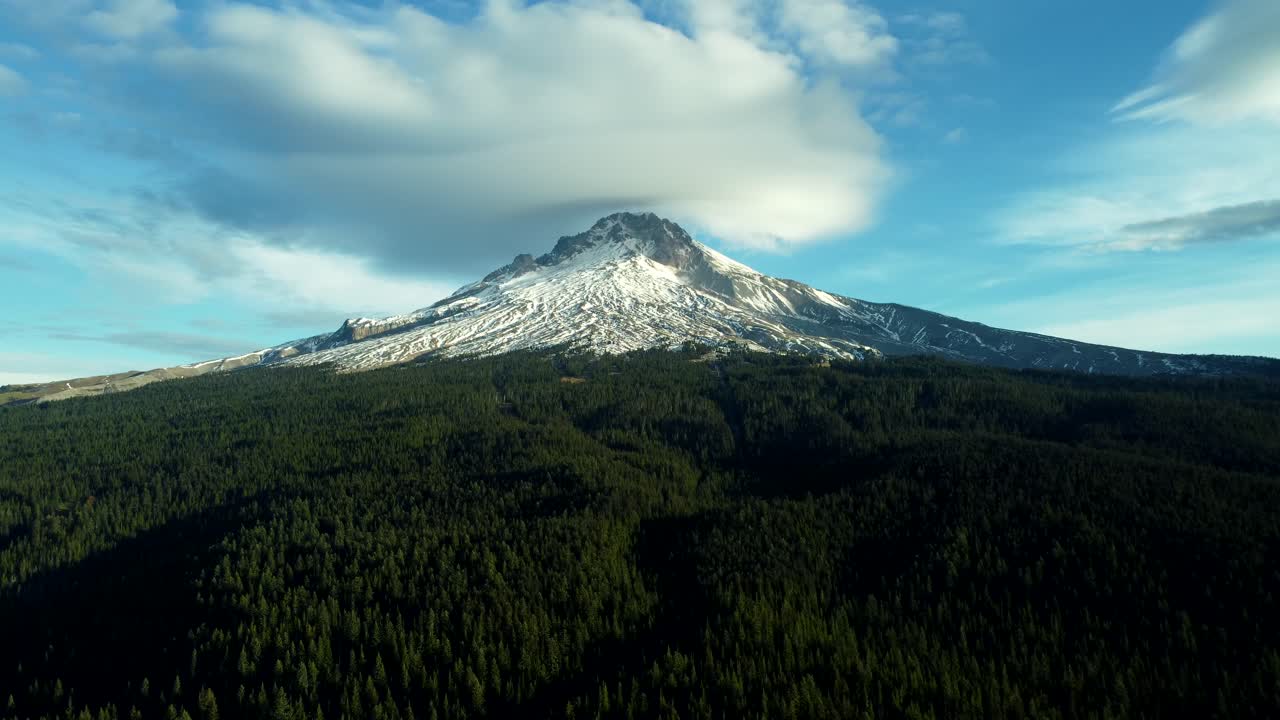 US, OR, Government Camp, 2025-10-23 - Drone view of Mt Hood on a fall morning with some snow