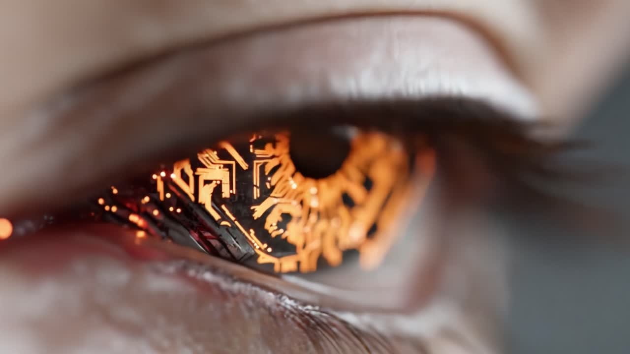 A Close-Up View of a Hybrid Eye: Showcasing a Blend of Organic and Digital Elements with Intricate Circuit Patterns Illuminated Inside the Iris