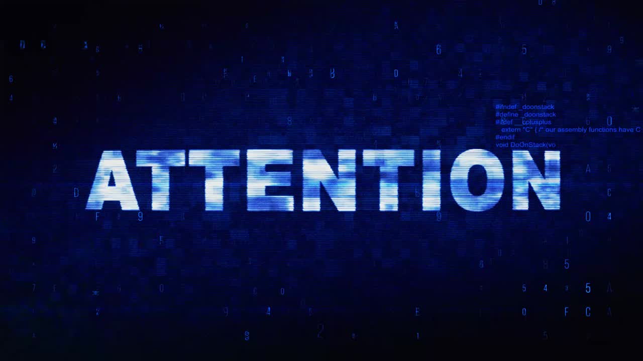 Attention text digital noise twitch and glitch effect tv screen loop animation background login and