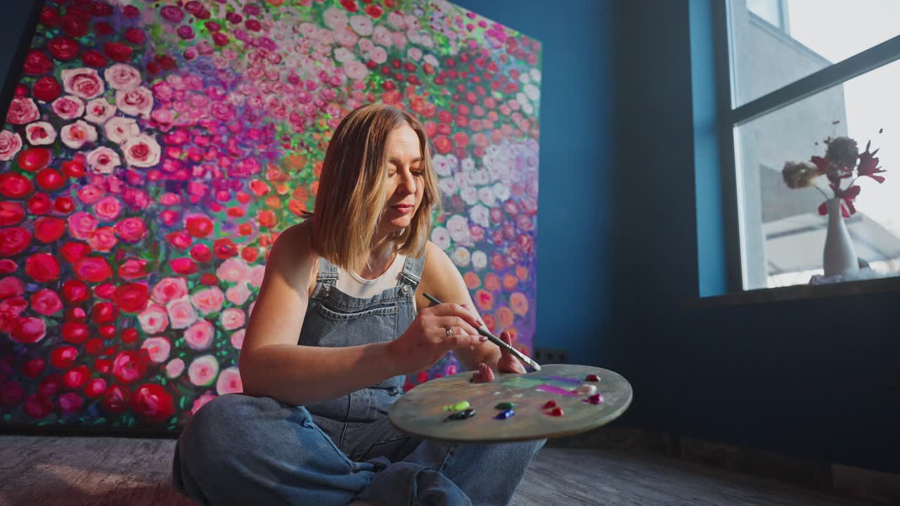 Kreativ kvinde blander maling på palette i kunststudie