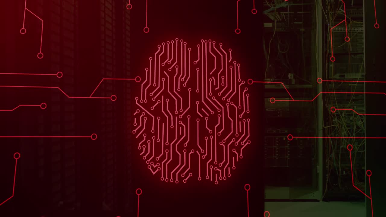 animación de la placa de circuitos de la computadora y el cerebro digital sobre la sala del servidor.