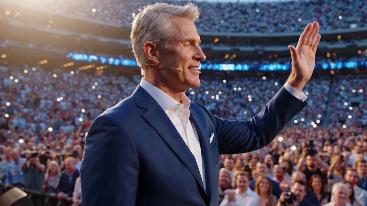 Un oratore carismatico che coinvolge un vasto pubblico in uno stadio pieno di fan entusiasti e luci brillanti sullo sfondo.