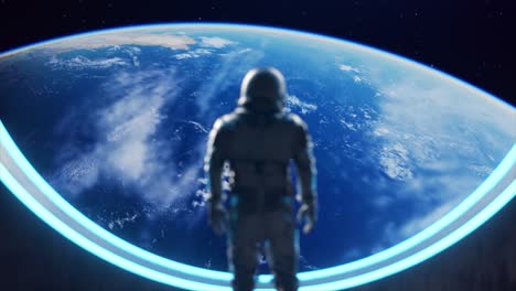 astronauta mirando a la tierra a través de un portal futurista