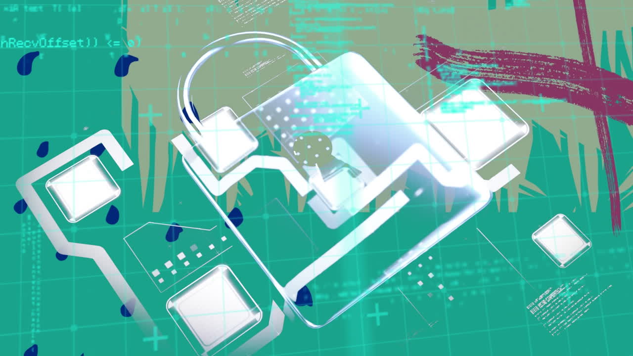 추상적인 모양과 데이터 처리에 대한 보안  ⁇ 락 아이콘의 디지털 애니메이션