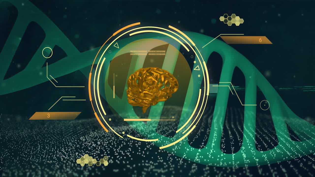 animación de la cadena de adn, el cerebro humano y el procesamiento de datos científicos.