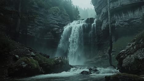 misty waterfall in a mountainous forest