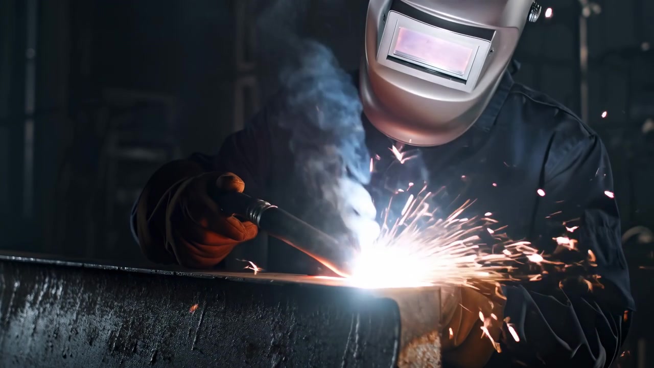 Bright welding arc glows along metal edge while gloved hands guide the tool, sending changing bursts of sparks across a dark industrial setting as blue-gray smoke curls upward.