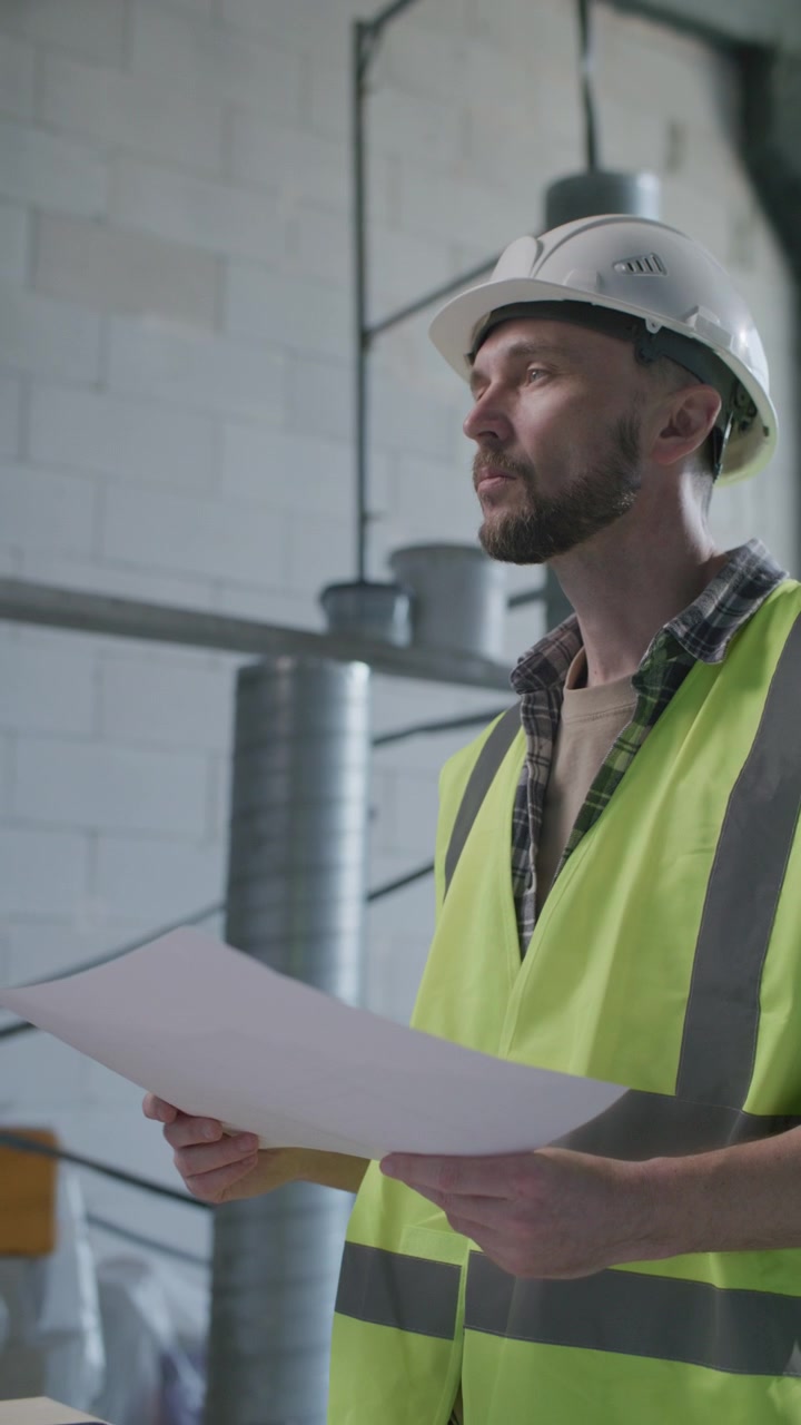 Industrial Worker Examining Blueprint at Construction Site