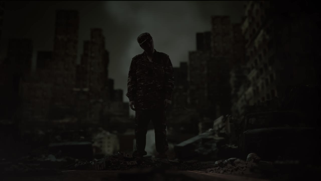 아시안 남성 군인이 전쟁 후 폐허가 된 도시 한가운데에 서있는 동안 주위를 둘러보고 머리를 흔들고 있습니다.