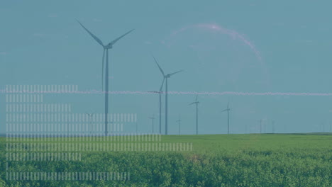 wind turbines rotating over crops in flat design with waveform charts and wireframe globe floating