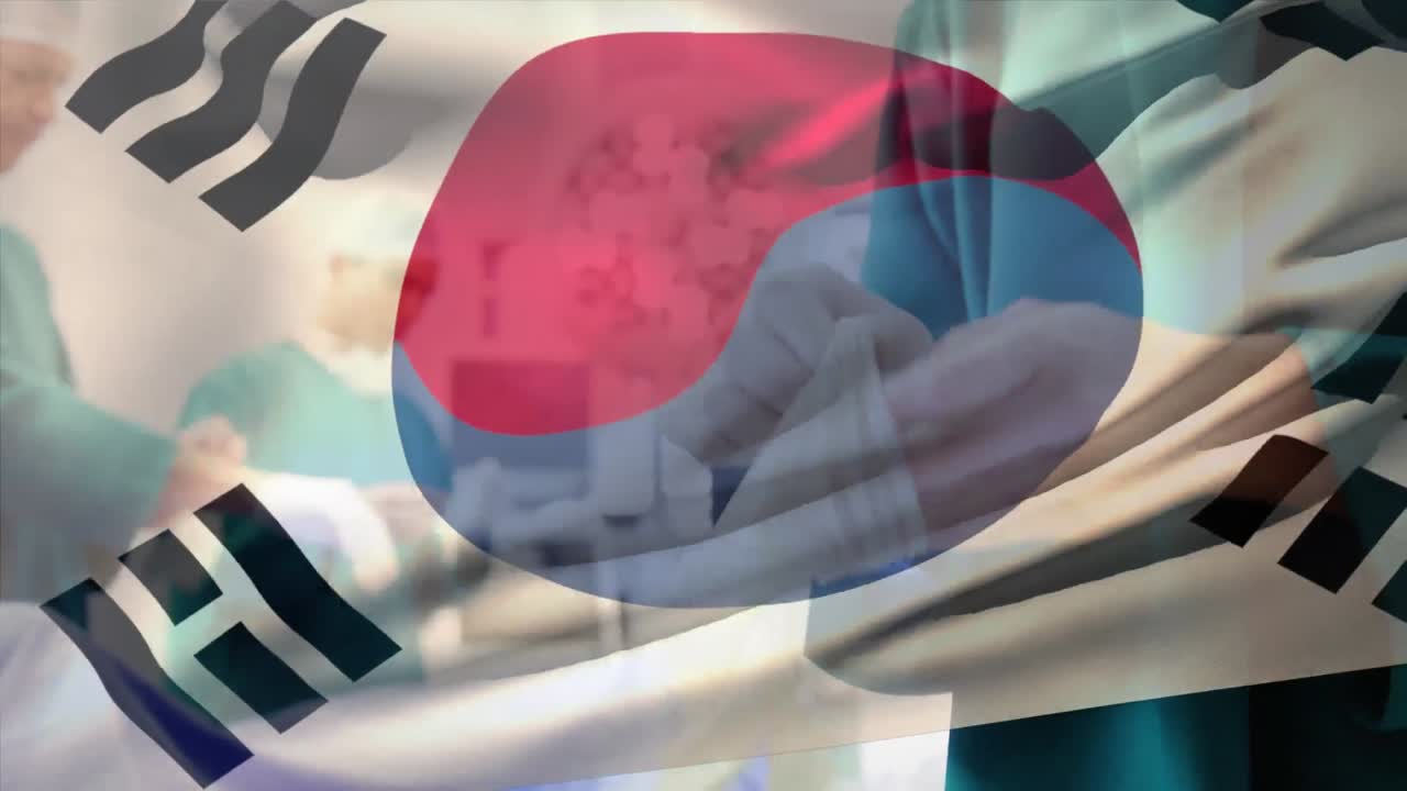 병원에서 수술을 하기 전에 장갑을 입은 다양한 외과의사들 위에 흔들리는 한국 국기의 애니메이션