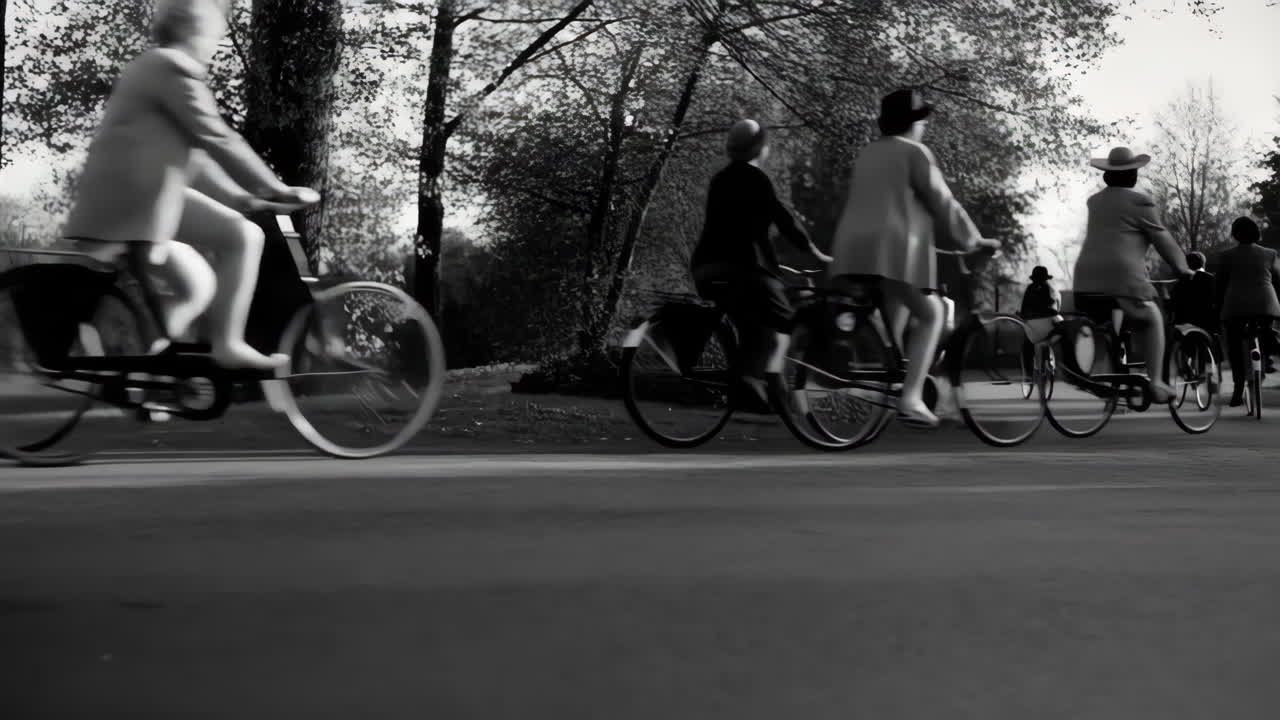 Black and white group cycling in a park with motion blur