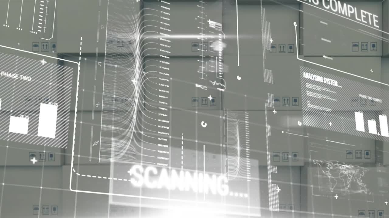 Animation of data processing over stack of cardboard boxes