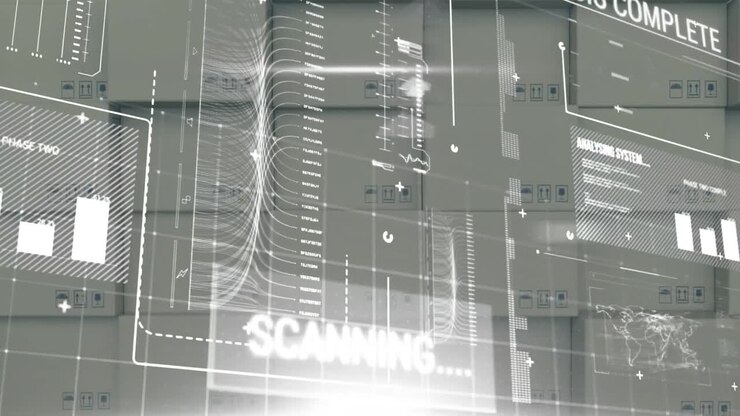 Animation of data processing over stack of cardboard boxes