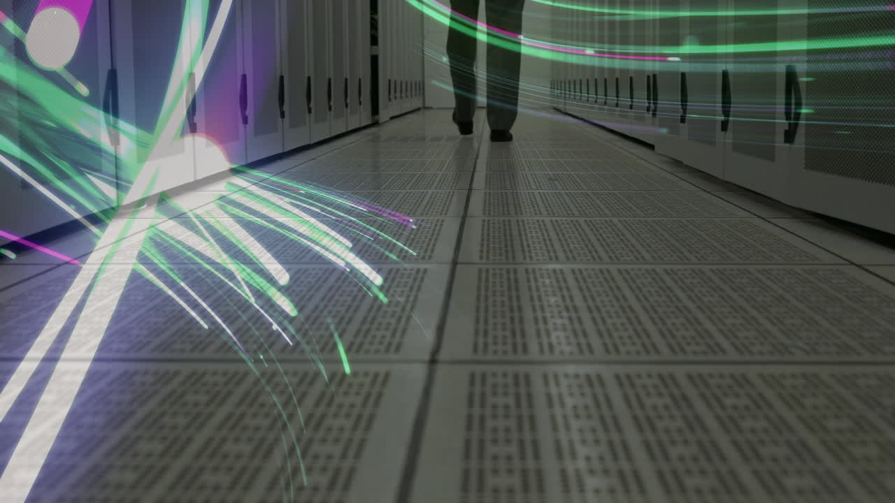 Walking in data center corridor, person surrounded by fiber optic light animation