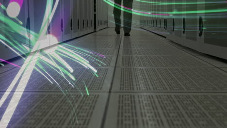 walking in data center corridor, person surrounded by fiber optic light animation