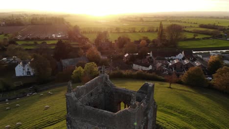 aerial fly-past of burrow mump church with a beautiful sunset