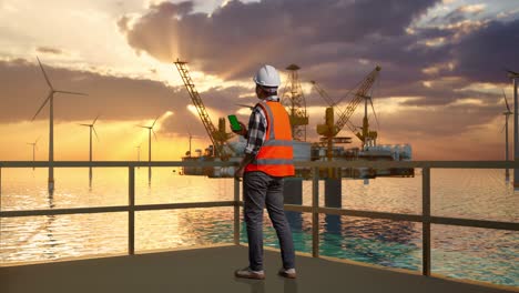 vista trasera completa del cuerpo de un ingeniero masculino asiático con casco de seguridad trabajando en un teléfono inteligente de pantalla verde y mirando a su alrededor mientras está de pie con la producción de hidrógeno en alta mar