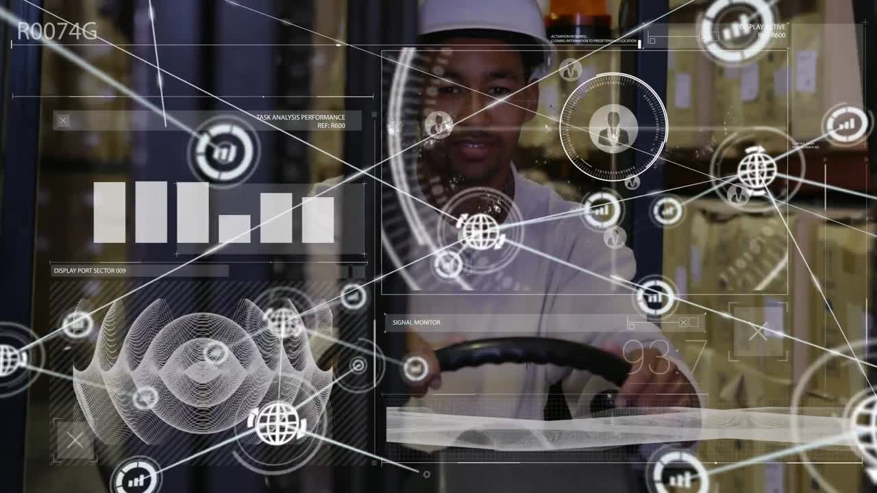 animación del procesamiento de datos sobre un trabajador afroamericano en un almacén.