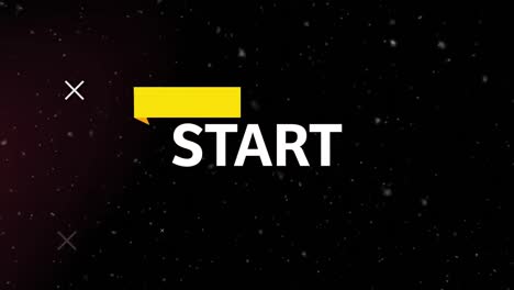 animation of start text banner over abstract shapes and white particles against black background