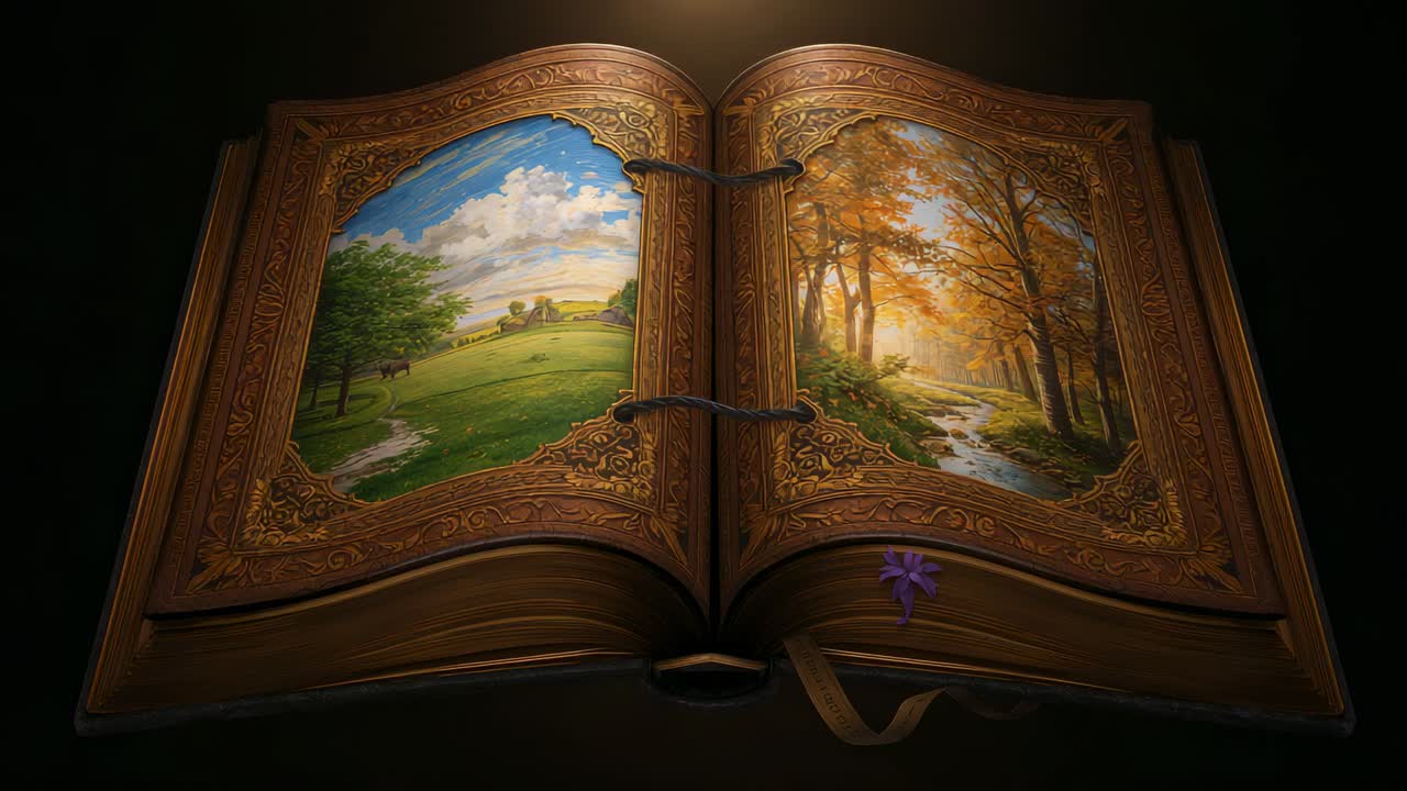 Drifting golden leaf cascading onto painted pages on leather-bound book in studio, evoking autumn