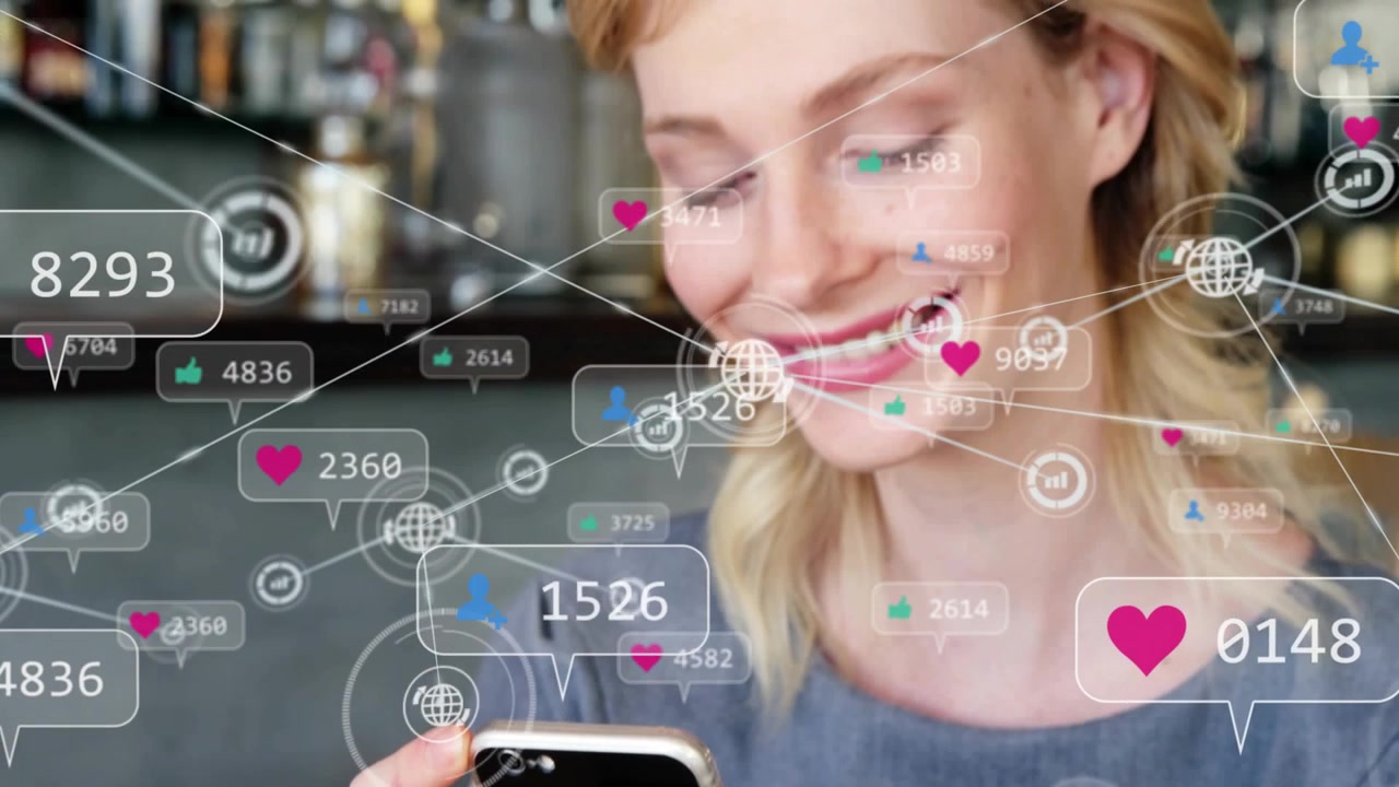 Woman tapping smartphone spawning media icons and network lines growing for tracking engagement