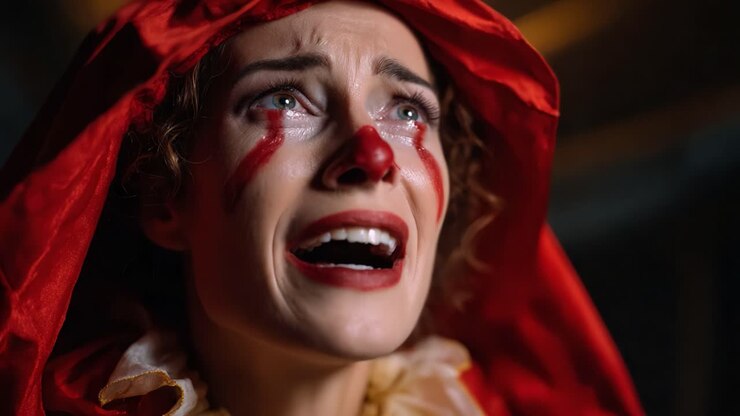 Una trasformazione incredibile: il percorso emotivo di un clown in un suggestivo cappuccio rosso con il volto solcato dalle lacrime catturato in due potenti inquadrature