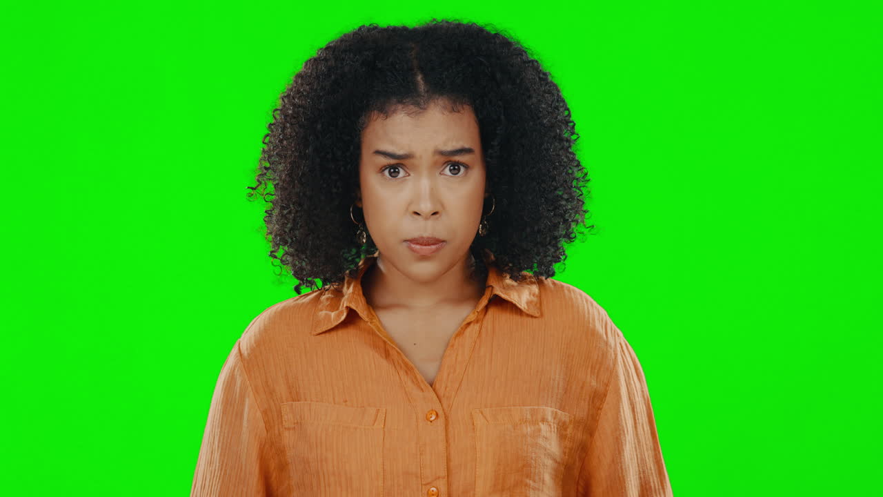Surprise, green screen and face of scared woman