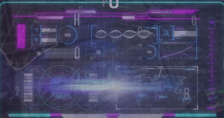 Animation of data processing over graphs and charts on interface screen