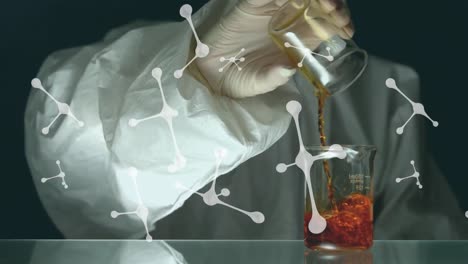 Animation-of-molecules-spinning-over-scientist-pouring-liquid-into-laboratory-beaker