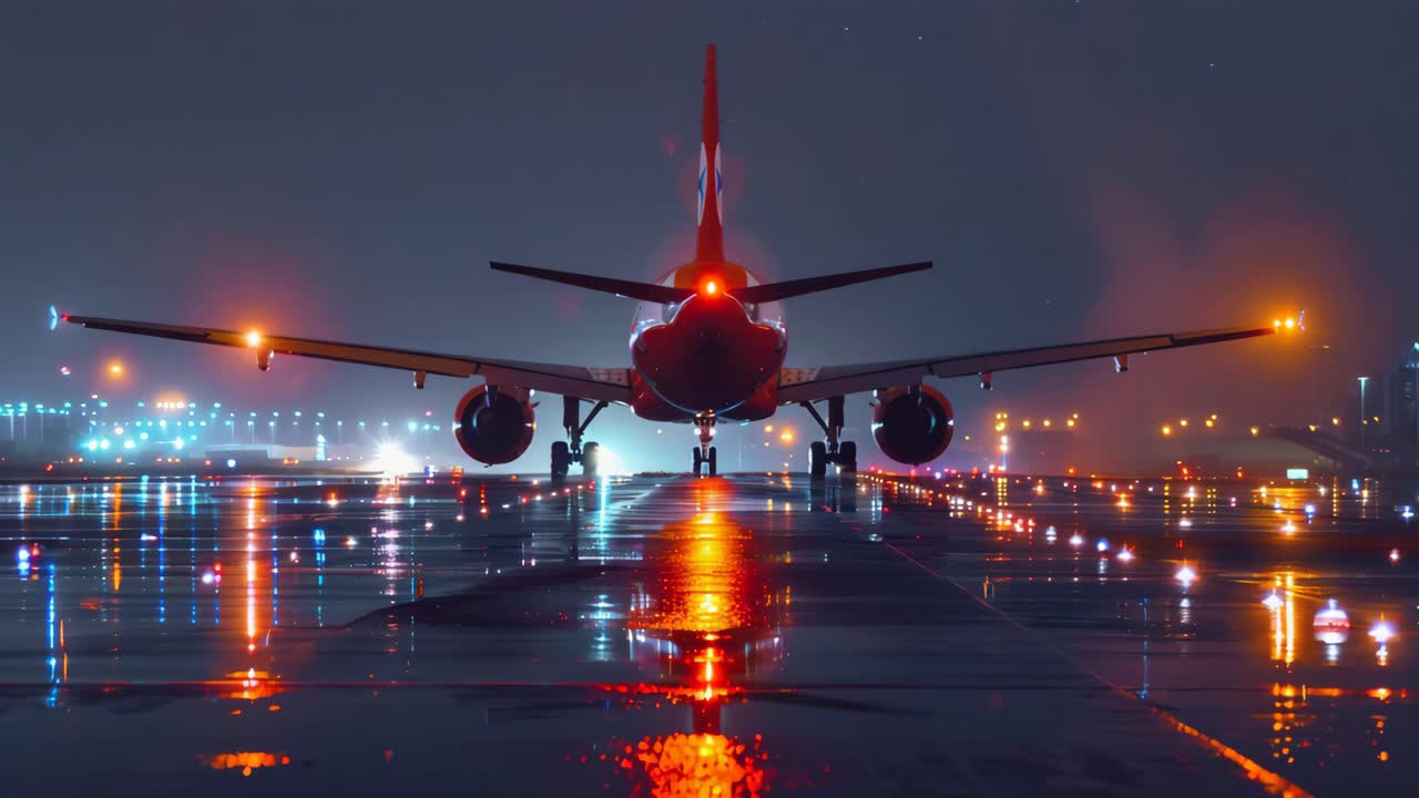 aterrizaje de avión por la noche en una pista húmeda