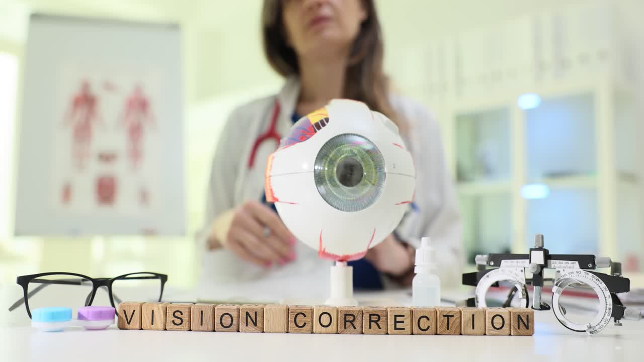 Vision Correction Text with Optometry Equipment and Eye Model