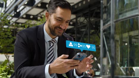 hombre de negocios sentado fuera de las oficinas de la ciudad mirando un teléfono móvil con gráficos en movimiento que muestran múltiples mensajes de red y notificaciones de redes sociales 2